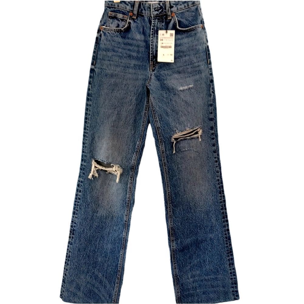 Zara NWT High Rise Full Length Destroyed Wide Leg Jeans Sz 2